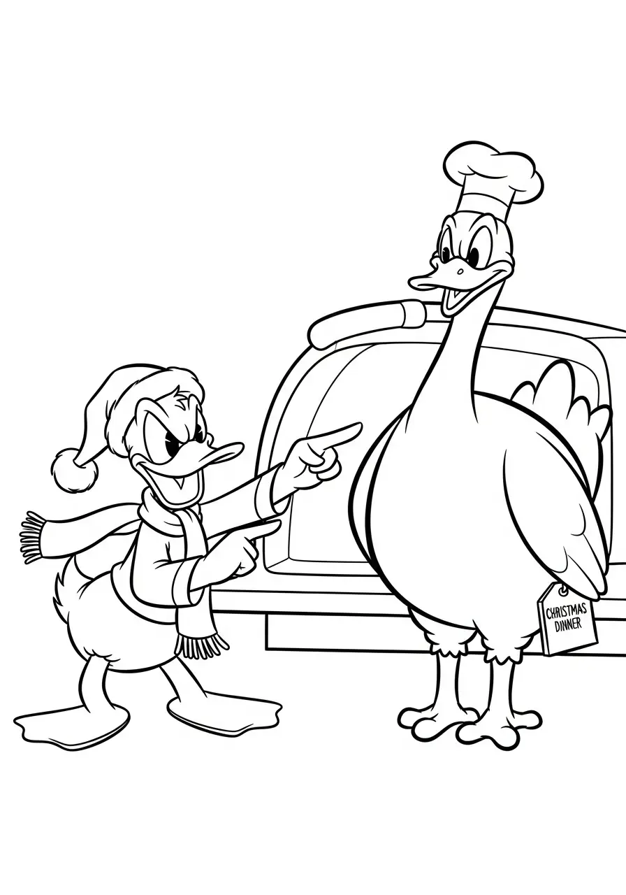 donald duck wijst naar kerstgans kleurplaat