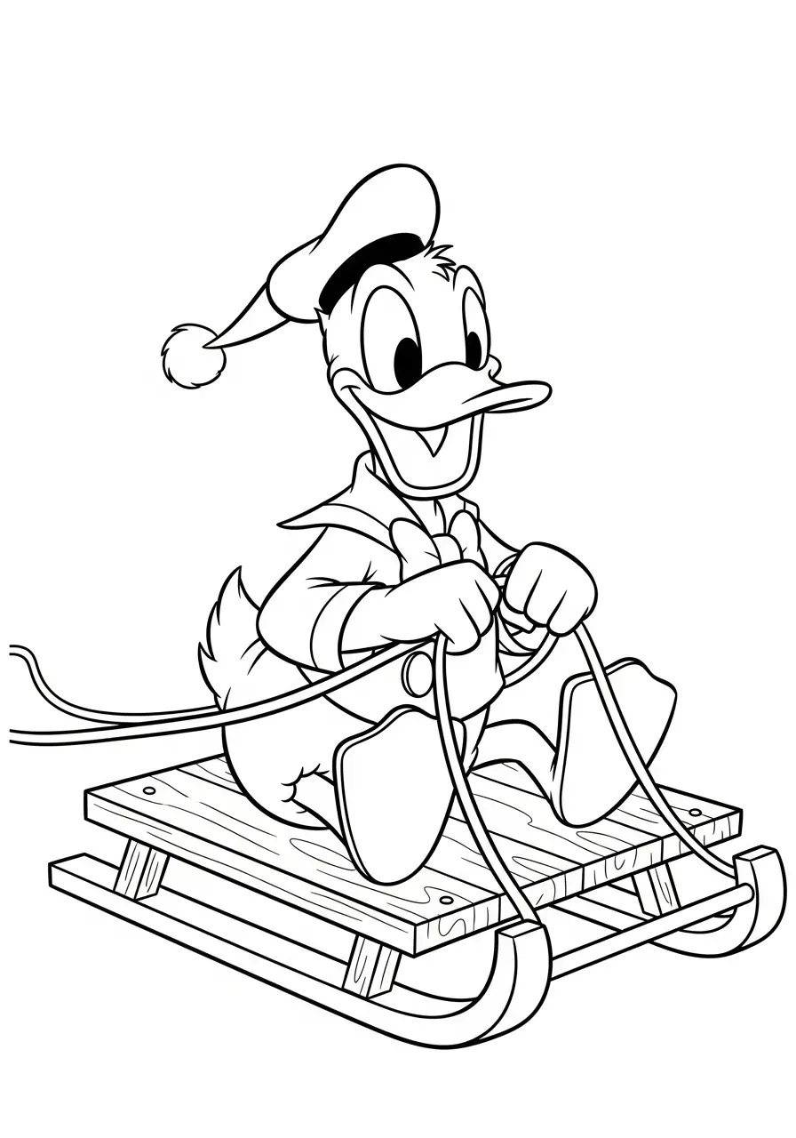 donald duck zit op de slee kleurplaat