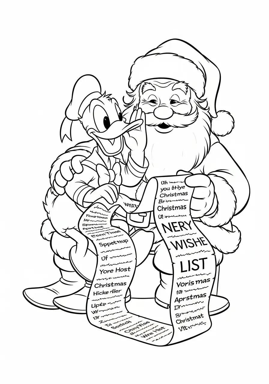 donald en kerstman met lange verlanglijst kleurplaat