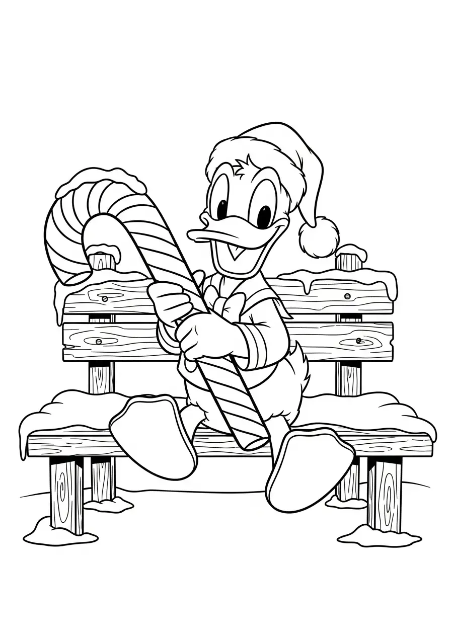 donald met grote zuurstok op sneeuwbankje kleurplaat