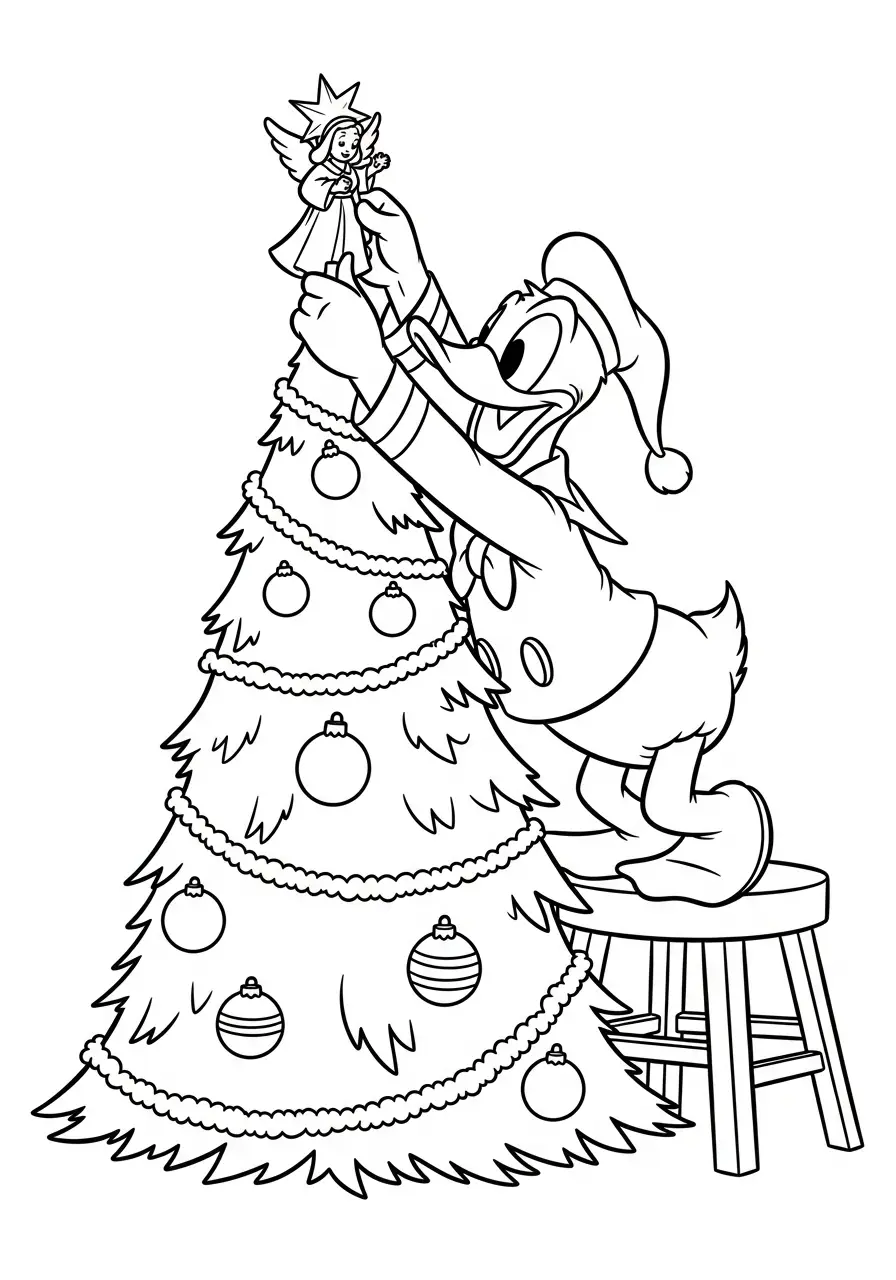 donald versiert de kerstboom kleurplaat