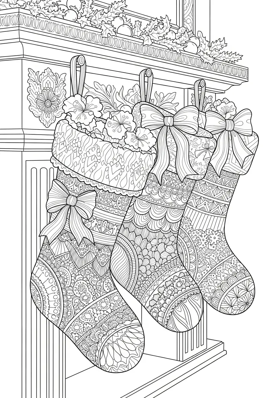 drie gedetailleerde kerstsokken kleurplaat