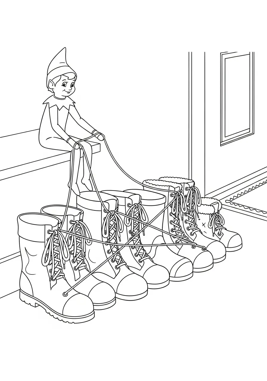 Kleurplaat Elf on the Shelf 44 elf bindt veters van laarzen kleurplaat