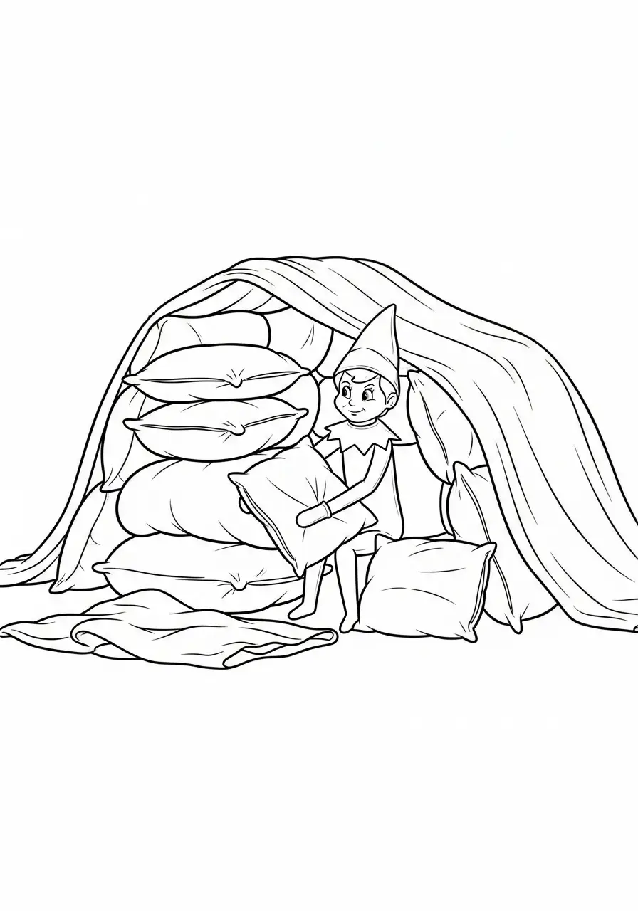 Kleurplaat Elf on the Shelf 43 elf bouwt kussenfort kleurplaat