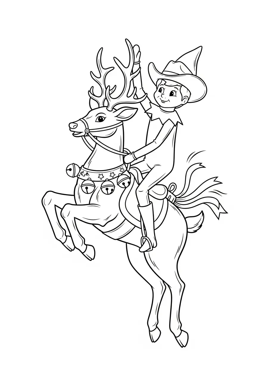 Kleurplaat Elf on the Shelf 42 elf cowboy rijdt op rendier kleurplaat
