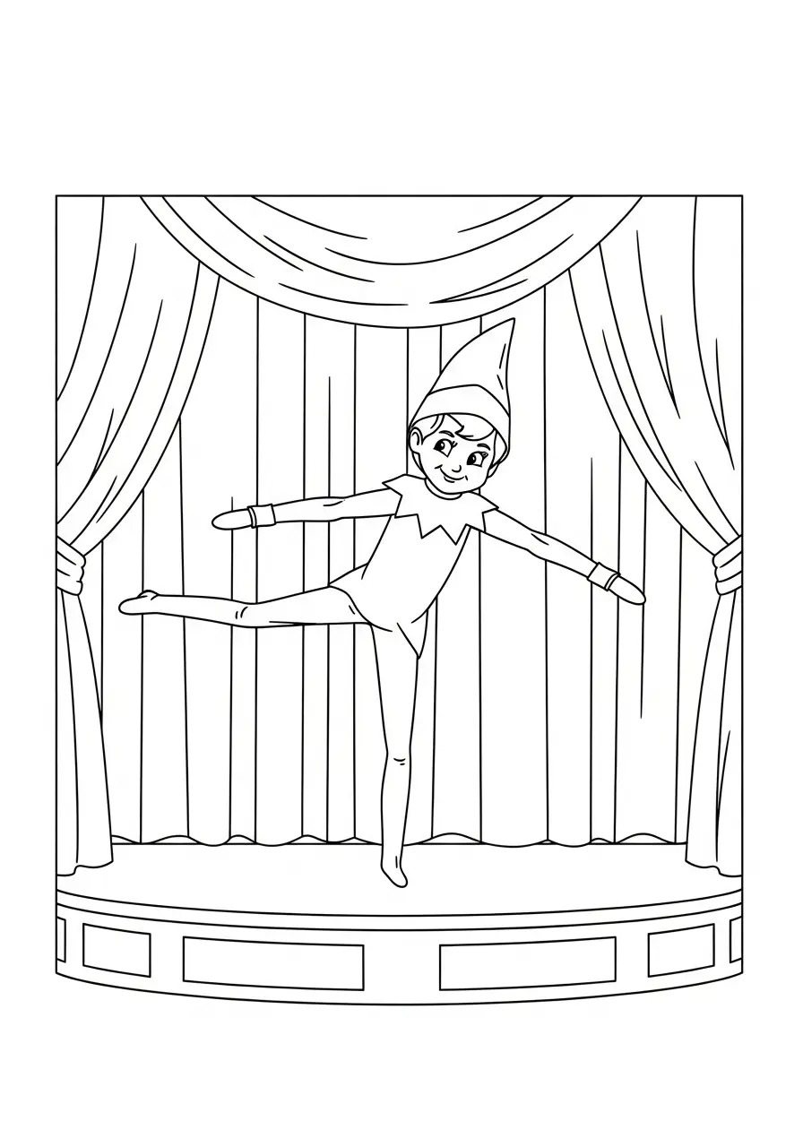 Kleurplaat Elf on the Shelf 41 elf danst op podium kleurplaat