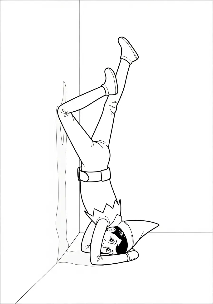Kleurplaat Elf on the Shelf 40 elf doet handstand in hoek kleurplaat