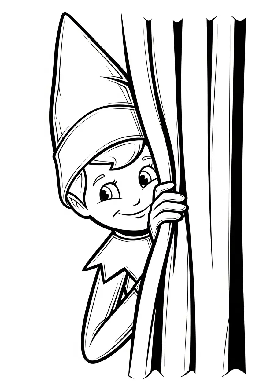 Kleurplaat Elf on the Shelf 39 elf gluurt achter gordijnen kleurplaat