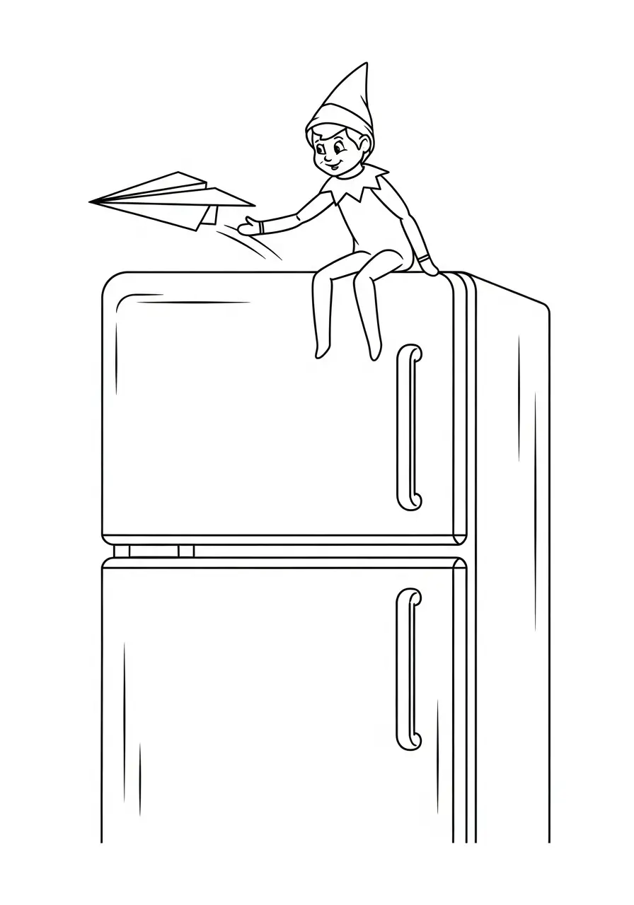 Kleurplaat Elf on the Shelf 38 elf gooit papieren vliegtuig vanaf koelkast kleurplaat