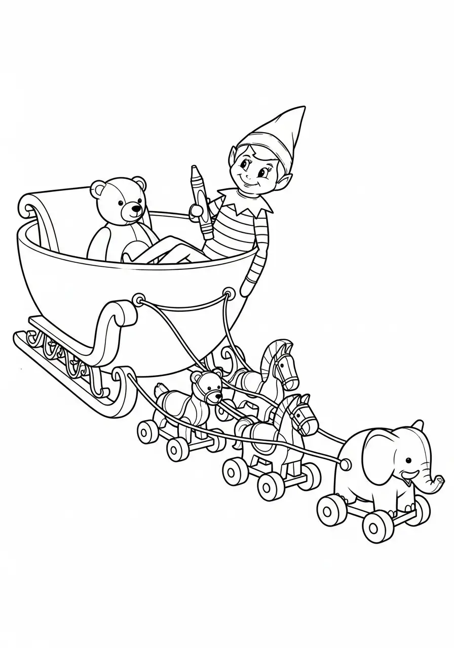 Kleurplaat Elf on the Shelf 37 elf in slee getrokken door speelgoed dieren kleurplaat