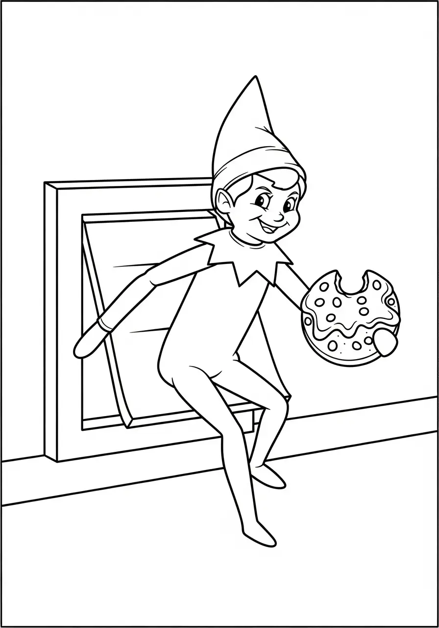Kleurplaat Elf on the Shelf 36 elf klimt uit hondenluik met koekje kleurplaat