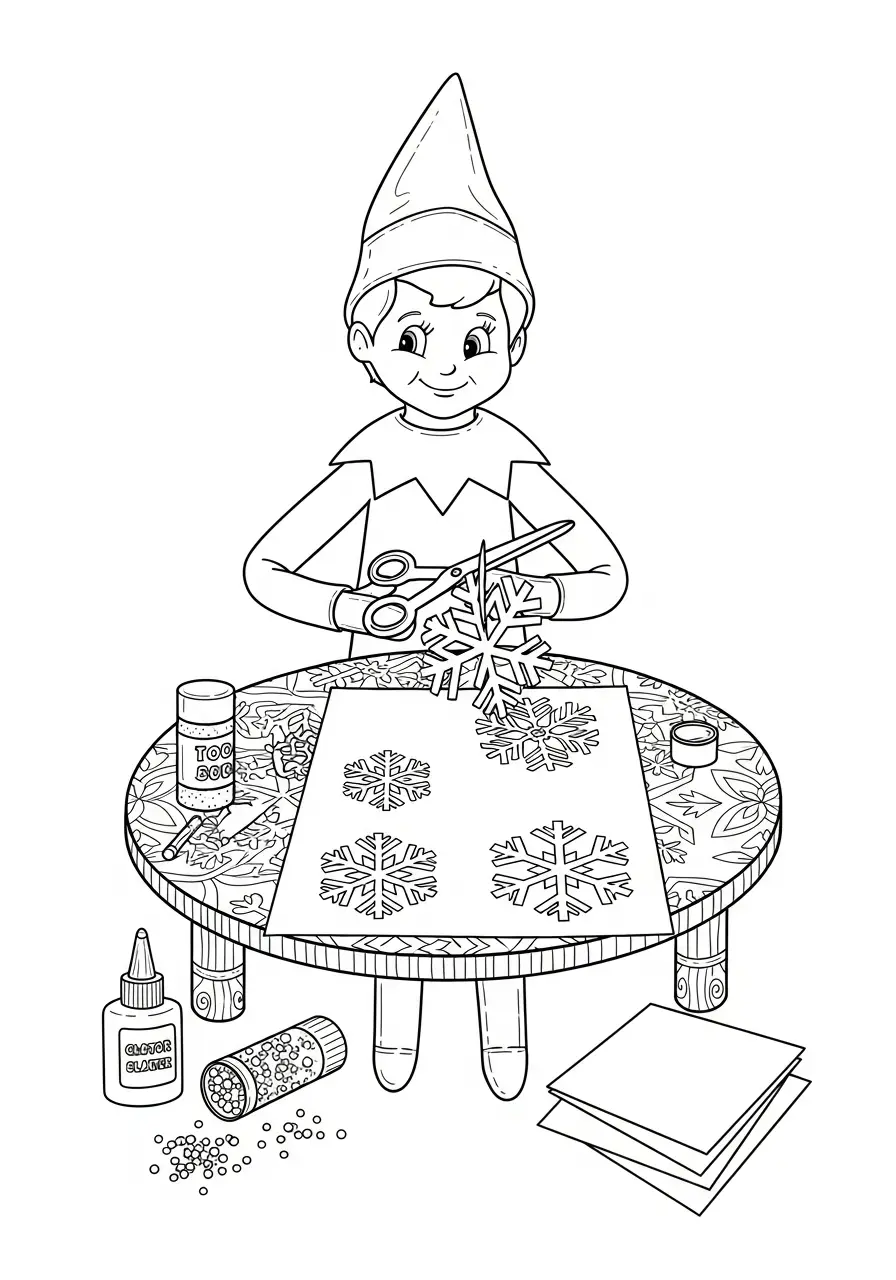 Kleurplaat Elf on the Shelf 35 elf knipt papieren sneeuwvlokken kleurplaat