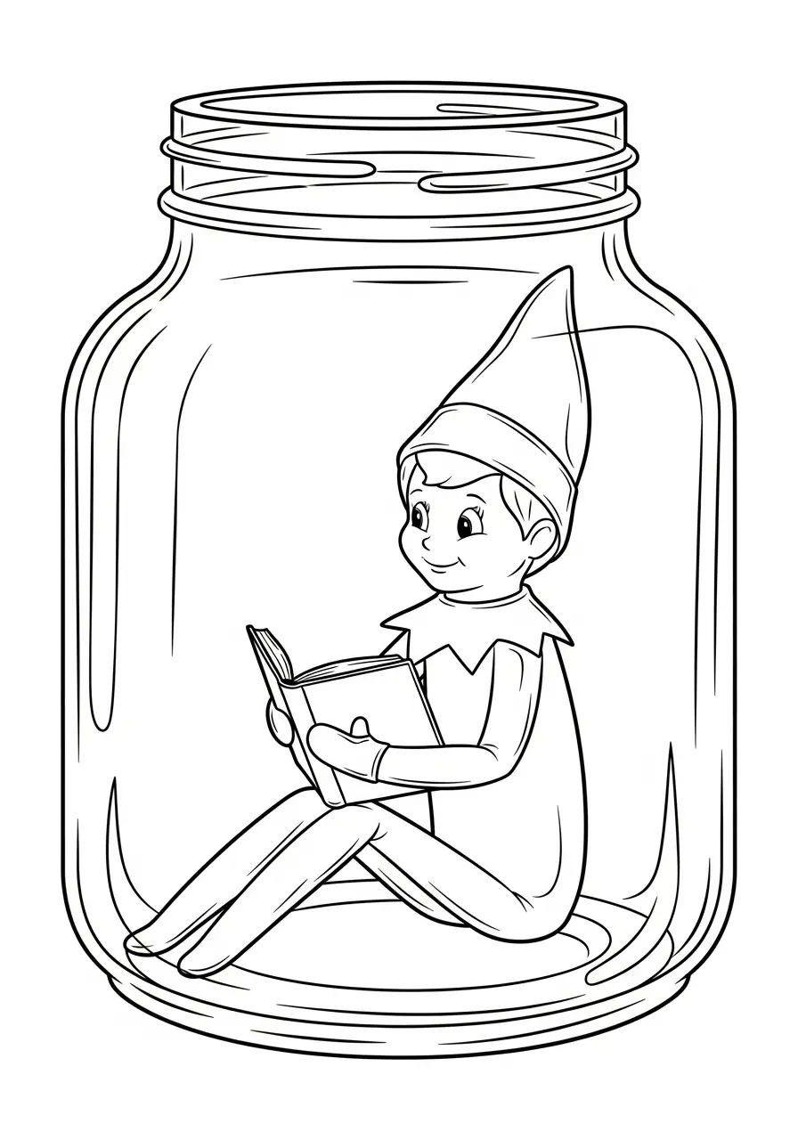 Kleurplaat Elf on the Shelf 34 elf leest boek in glazen pot kleurplaat