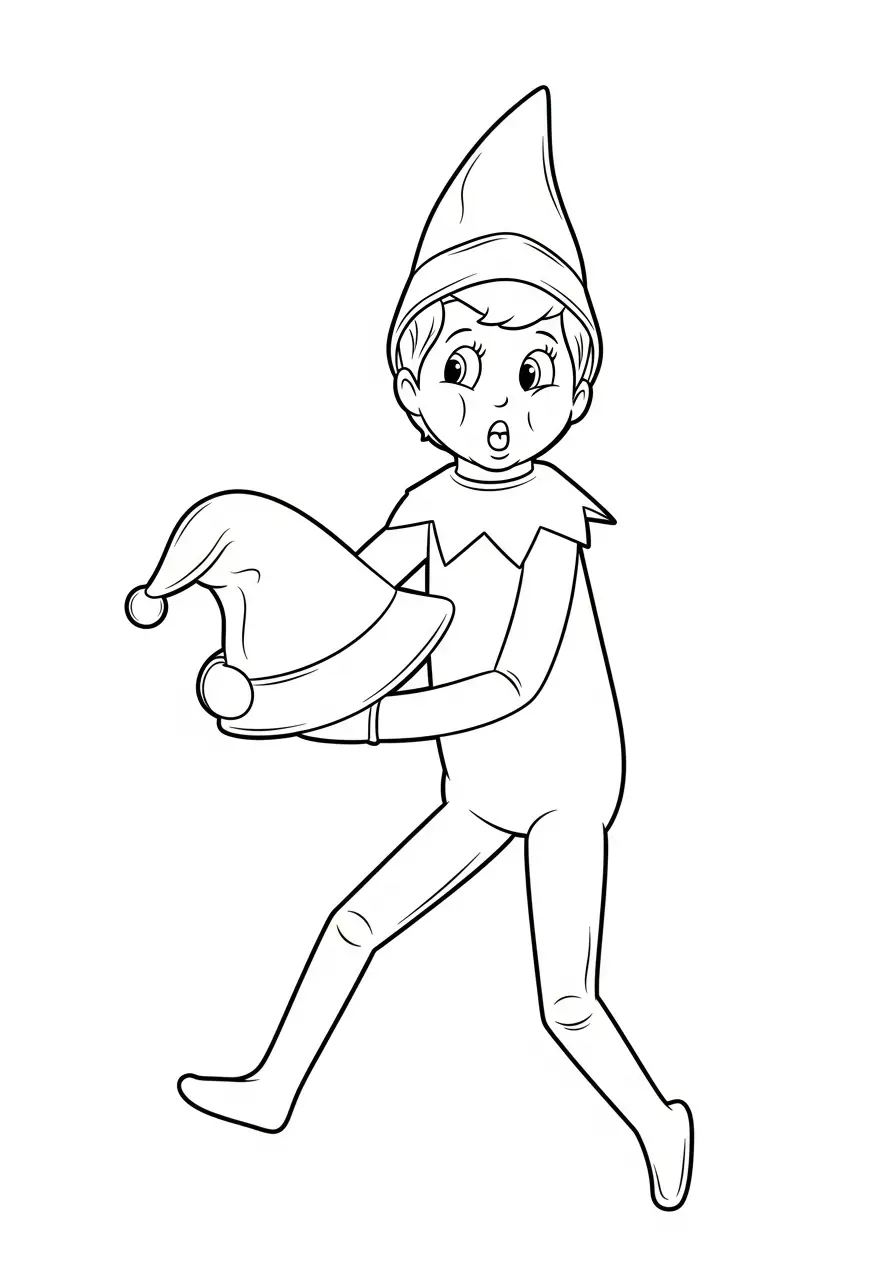 Kleurplaat Elf on the Shelf 33 elf loopt met muts in handen kleurplaat