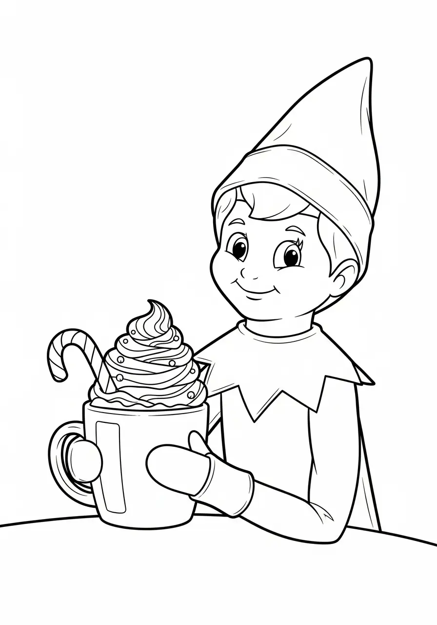 Kleurplaat Elf on the Shelf 29 elf met warme chocolademelk kleurplaat