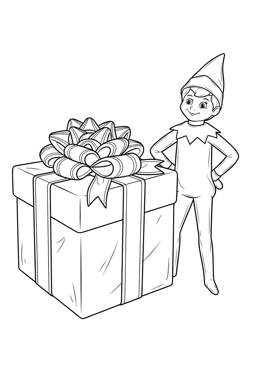 Kleurplaat Elf on the Shelf 28 elf naast groot ingepakt cadeau kleurplaat