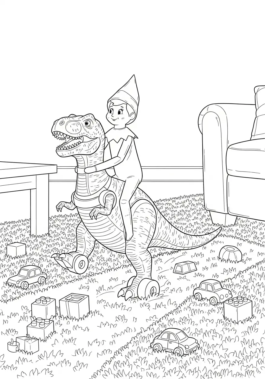 Kleurplaat Elf on the Shelf 26 elf rijdt op t rex dinosaurus kleurplaat