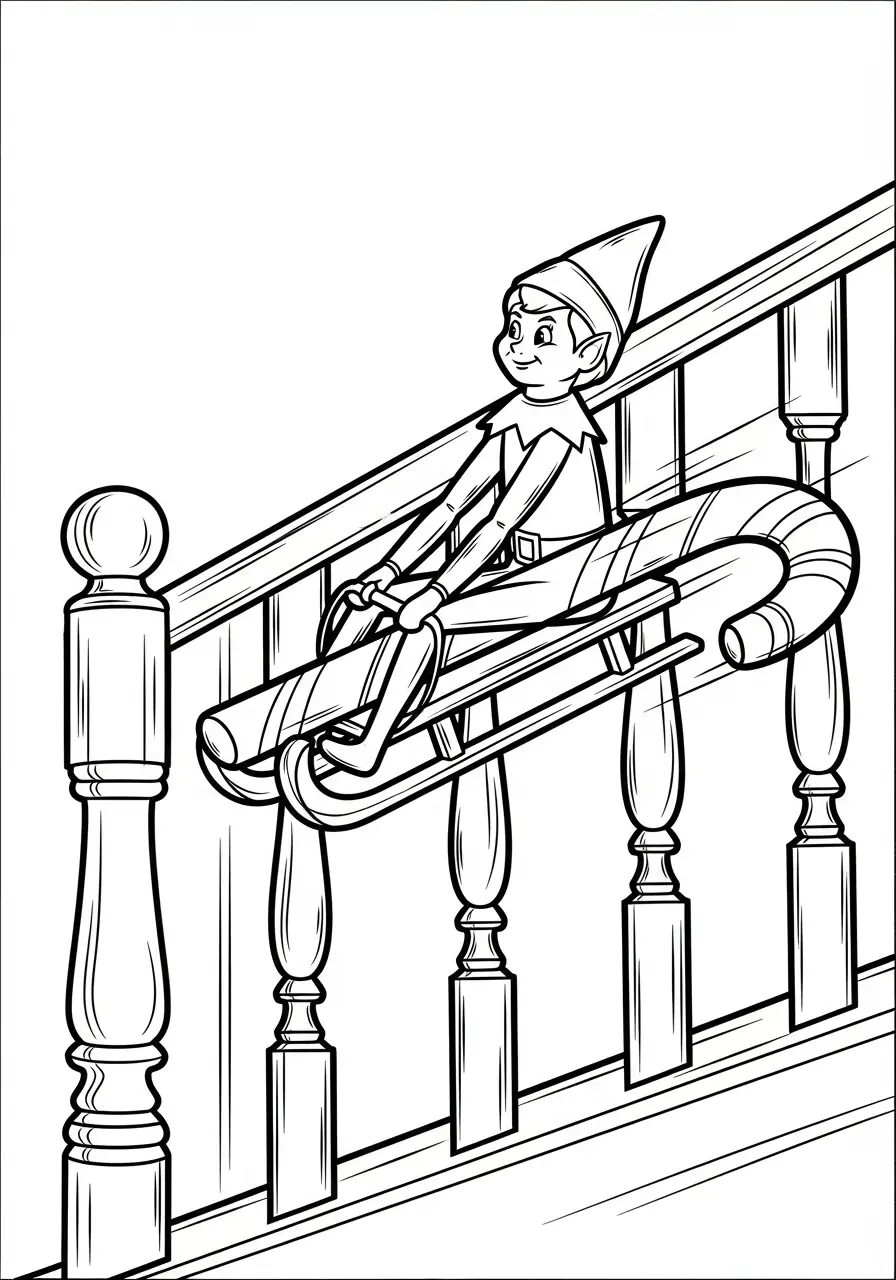 Kleurplaat Elf on the Shelf 23 elf sleeen op trapleuning kleurplaat