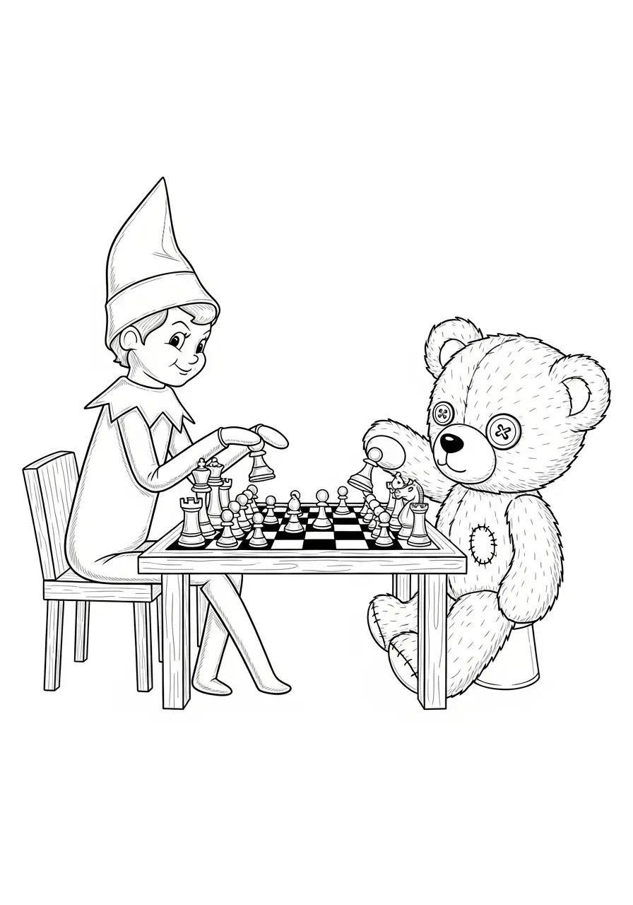 Kleurplaat Elf on the Shelf 21 elf speelt schaak met knuffelbeer kleurplaat