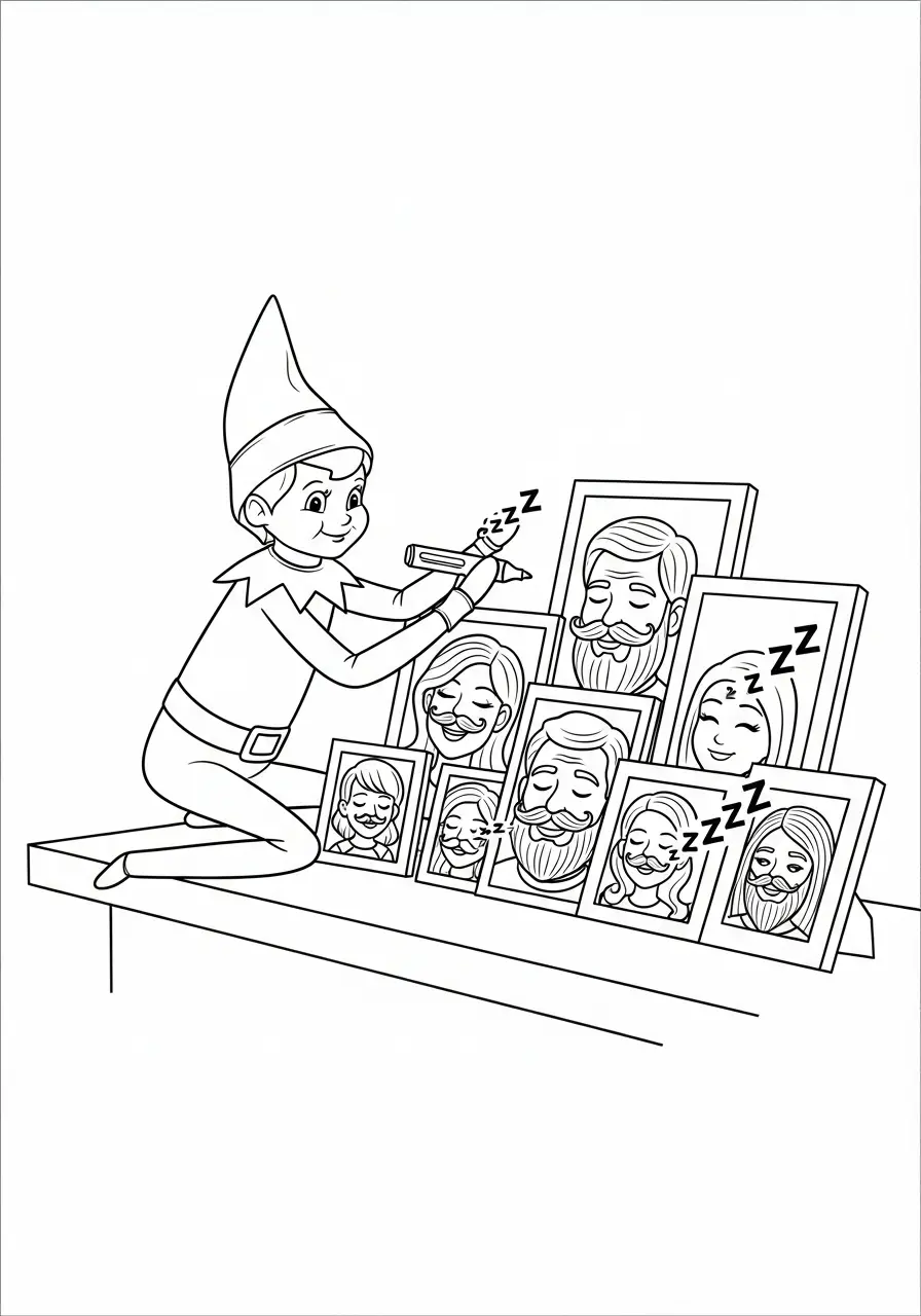 Kleurplaat Elf on the Shelf 19 elf tekent snorren op fotos kleurplaat