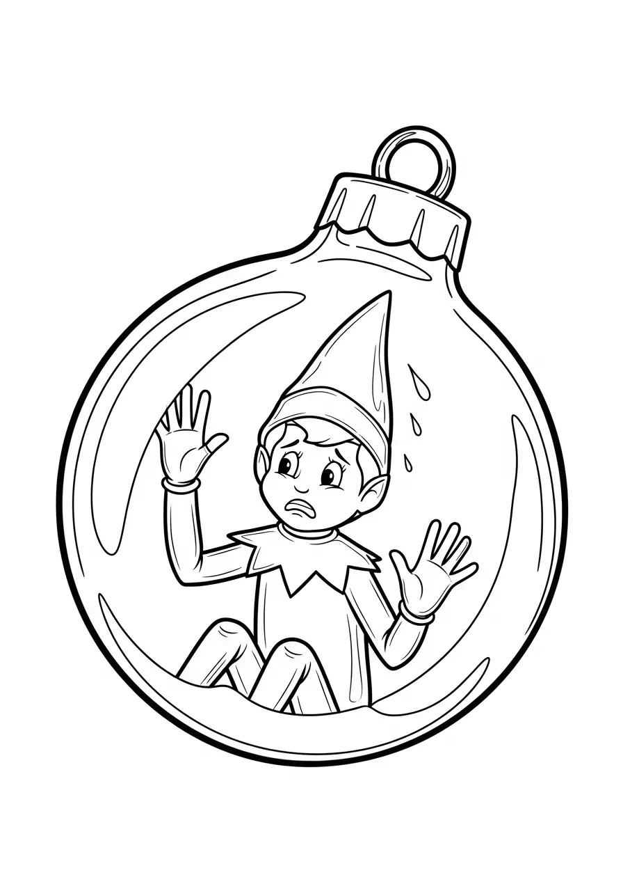 Kleurplaat Elf on the Shelf 17 elf vast in glazen kerstbal kleurplaat