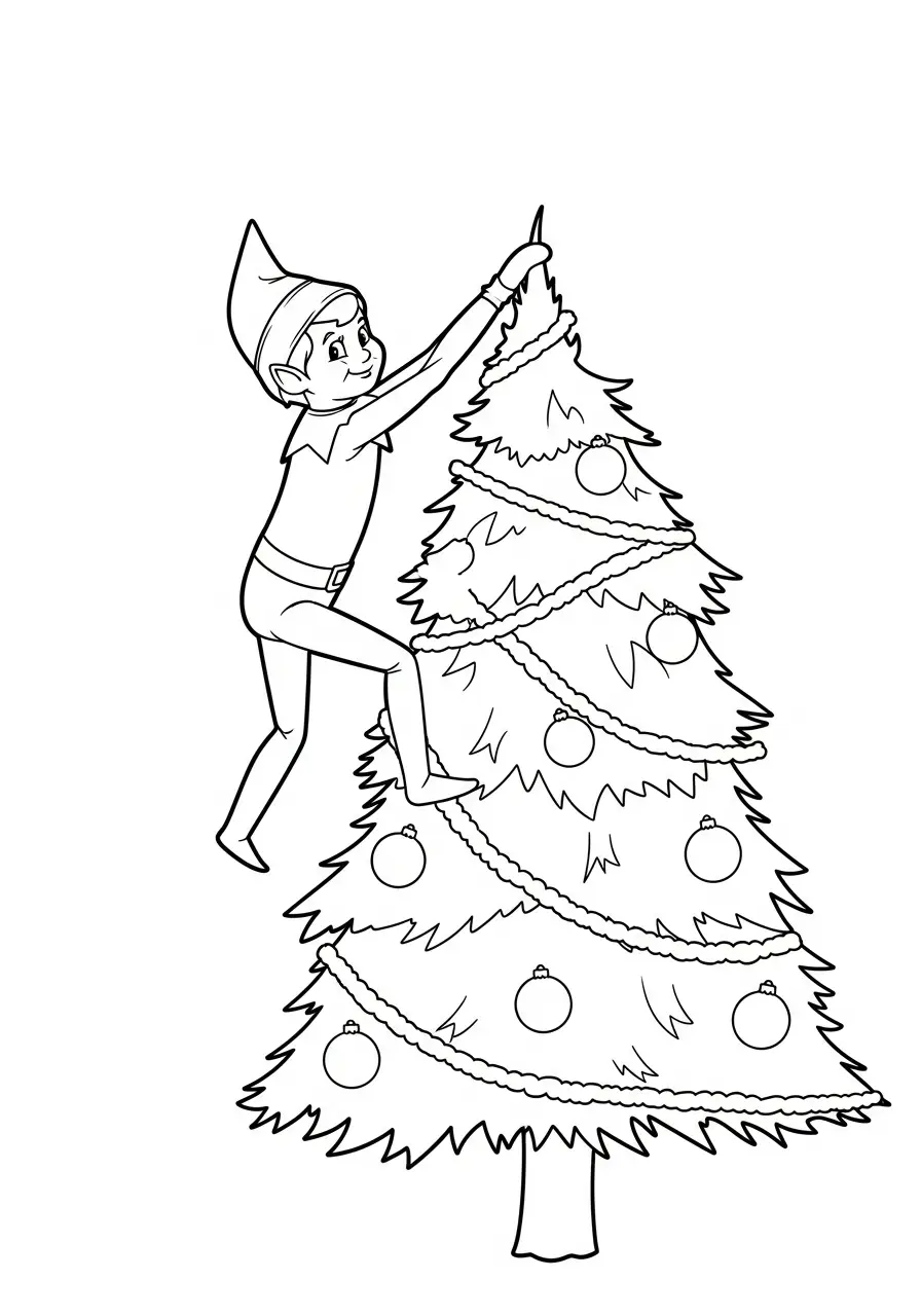 Kleurplaat Elf on the Shelf 16 elf versiert kerstboom kleurplaat