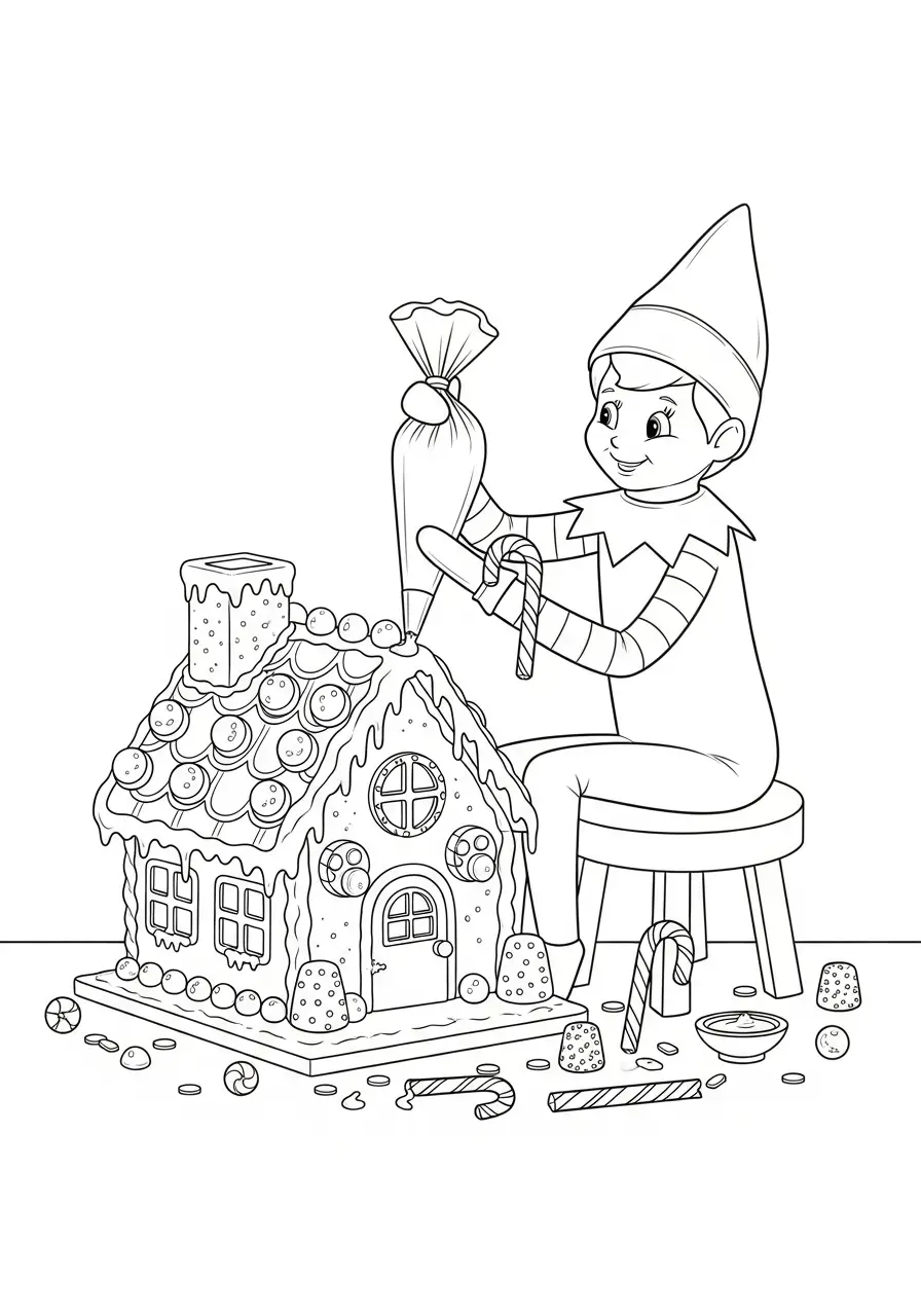 Kleurplaat Elf on the Shelf 15 elf versiert peperkoekhuisje kleurplaat