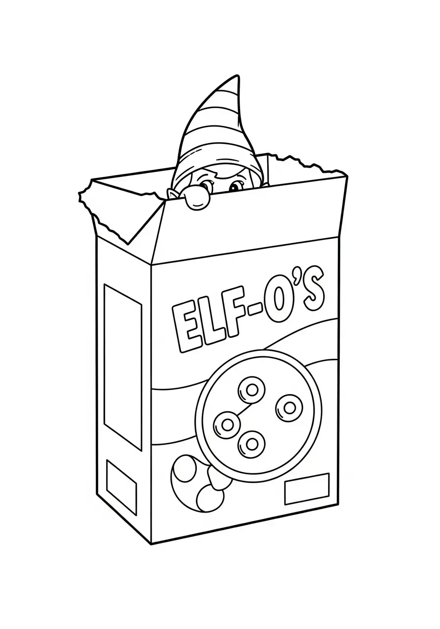 Kleurplaat Elf on the Shelf 14 elf verstopt in cornflakesdoos kleurplaat