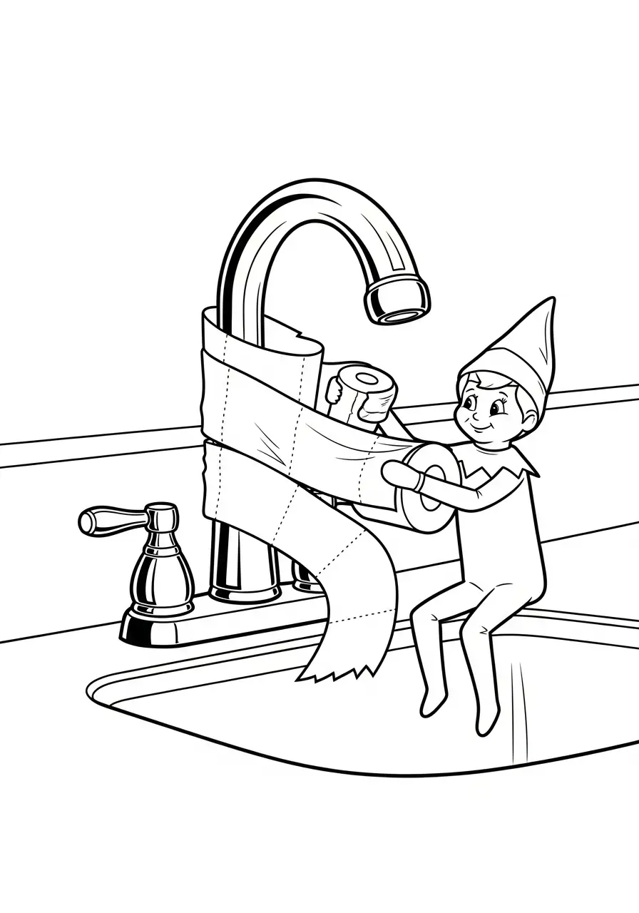 Kleurplaat Elf on the Shelf 12 elf wikkelt wc papier om kraan kleurplaat