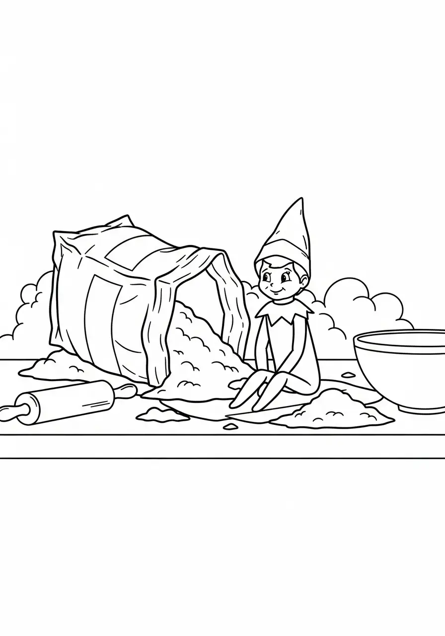 Kleurplaat Elf on the Shelf 10 elf zit in gemorst meel bakken kleurplaat