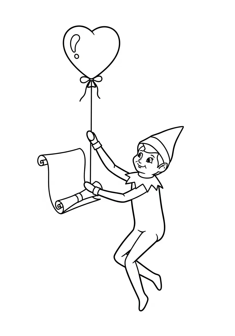 Kleurplaat Elf on the Shelf 8 elf zweeft met hartjesballon kleurplaat