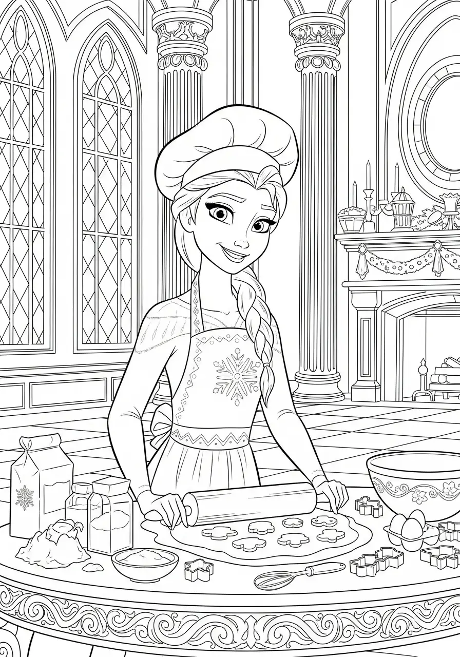 Elsa Kerst Kleurplaat 9 elsa bakt kerstkoekjes in de keuken kleurplaat