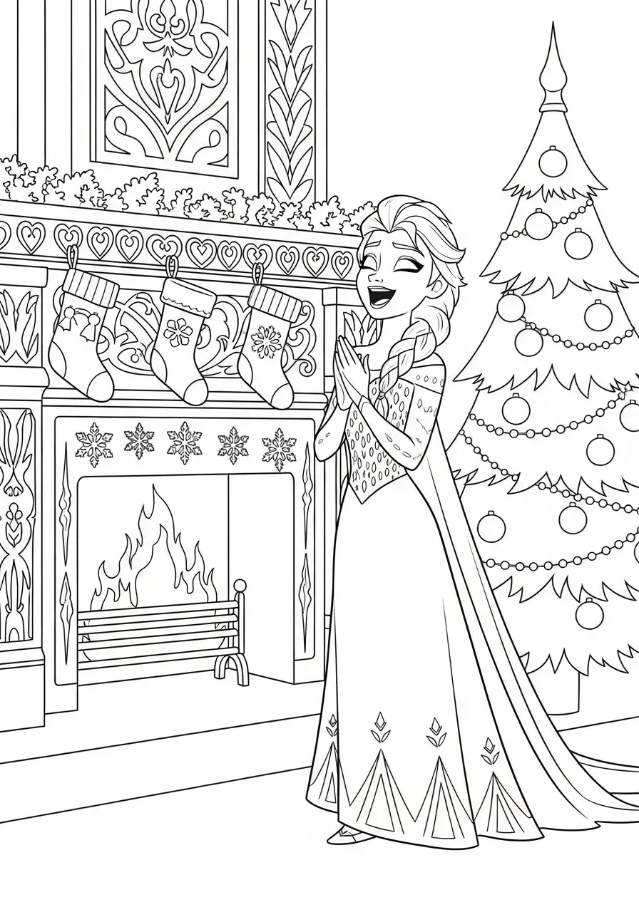 Elsa Kerst Kleurplaat 10 elsa bij de open haard met kerstsokken kleurplaat