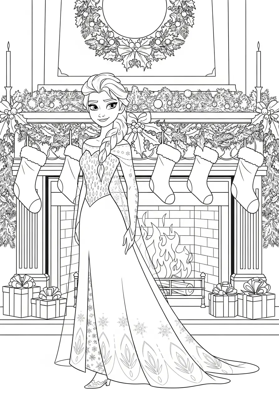 Elsa Kerst Kleurplaat 12 elsa bij open haard met kerstsokken kleurplaat