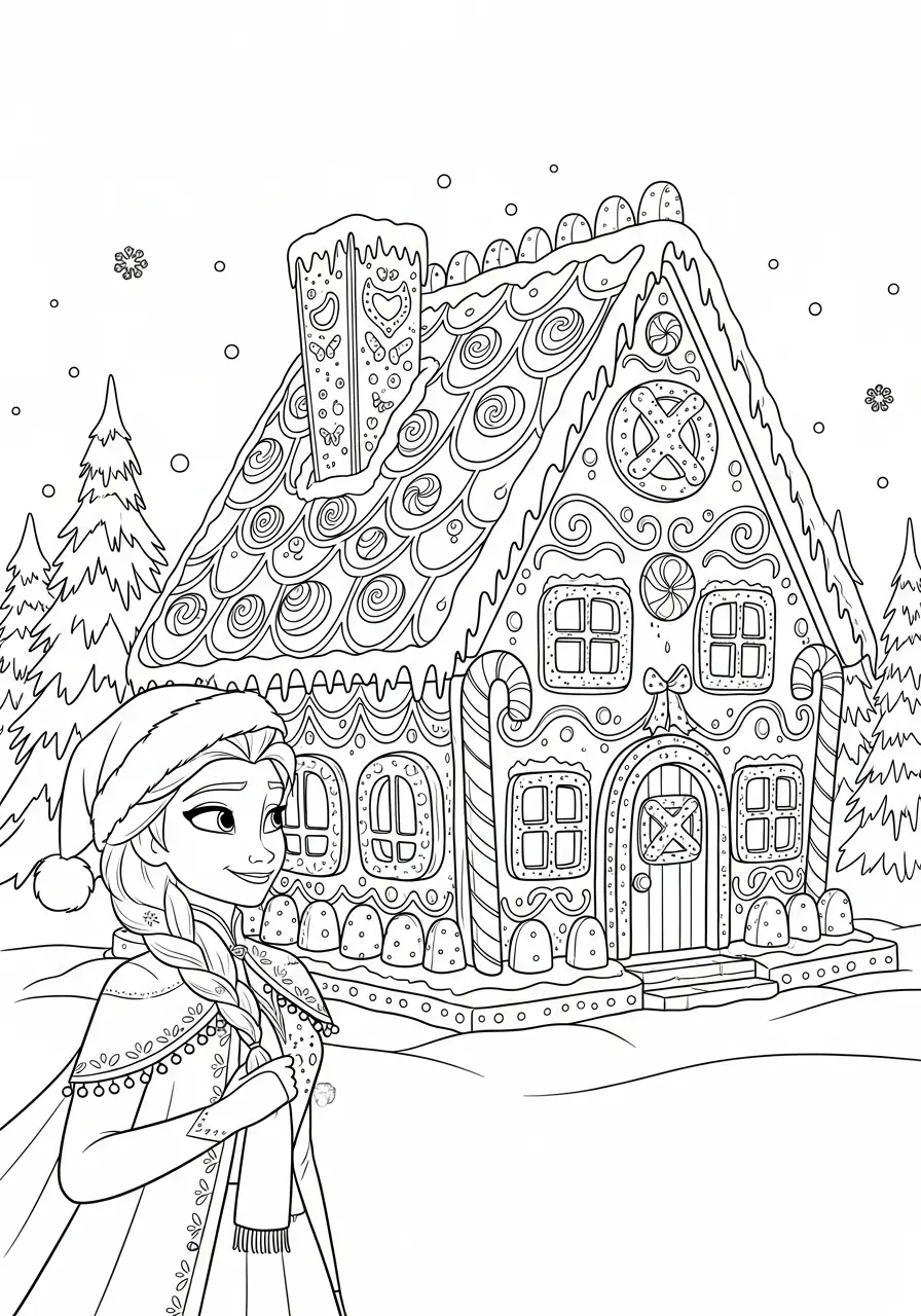 Elsa Kerst Kleurplaat 13 elsa buiten bij reusachtig peperkoekhuis kleurplaat