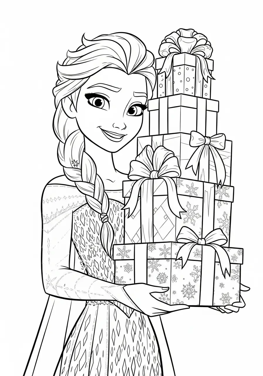 Elsa Kerst Kleurplaat 14 elsa draagt stapel pakjes kleurplaat