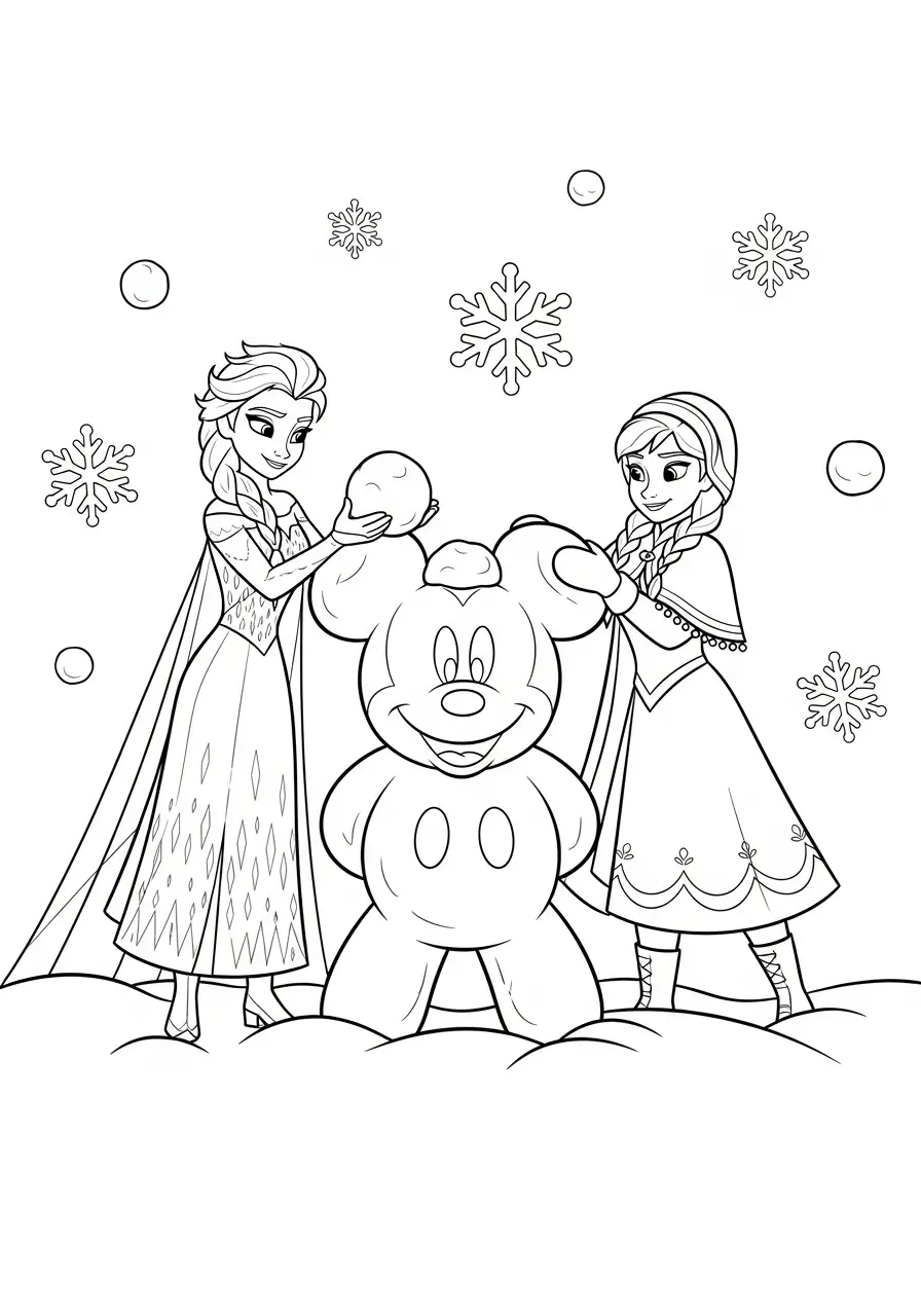 elsa en anna mickey sneeuwpop kleurplaat