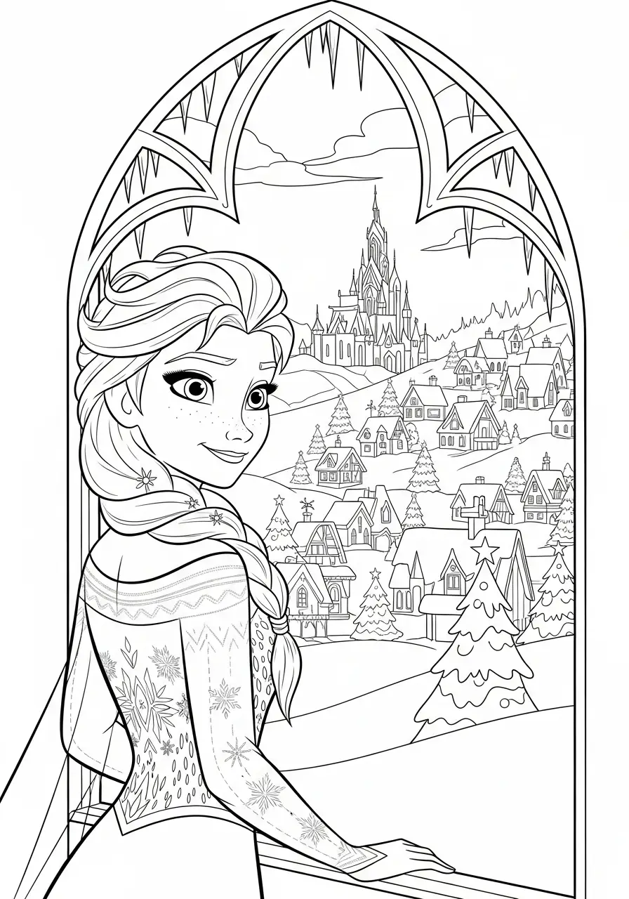 Elsa Kerst Kleurplaat 20 elsa kijkt uit het raam op kasteel kleurplaat