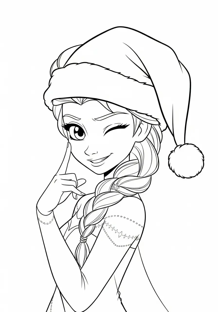 Elsa Kerst Kleurplaat 26 elsa met kerstmuts en knipoog kleurplaat