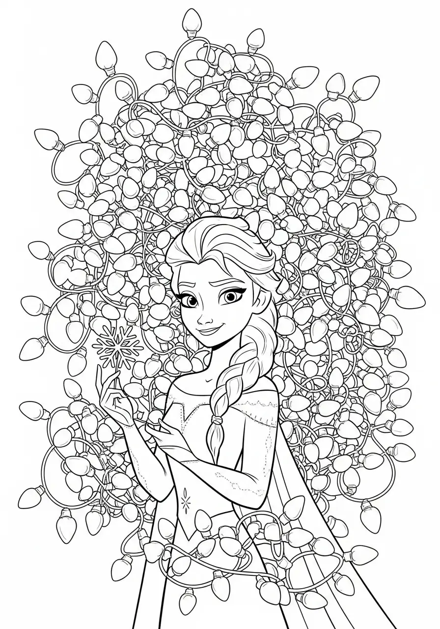 Elsa Kerst Kleurplaat 27 elsa met kerstverlichting en sneeuwvlok kleurplaat