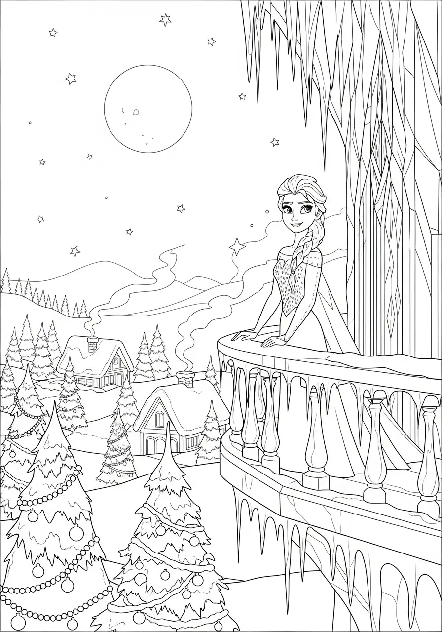 Elsa Kerst Kleurplaat 31 elsa op balkon boven winterdorp kleurplaat