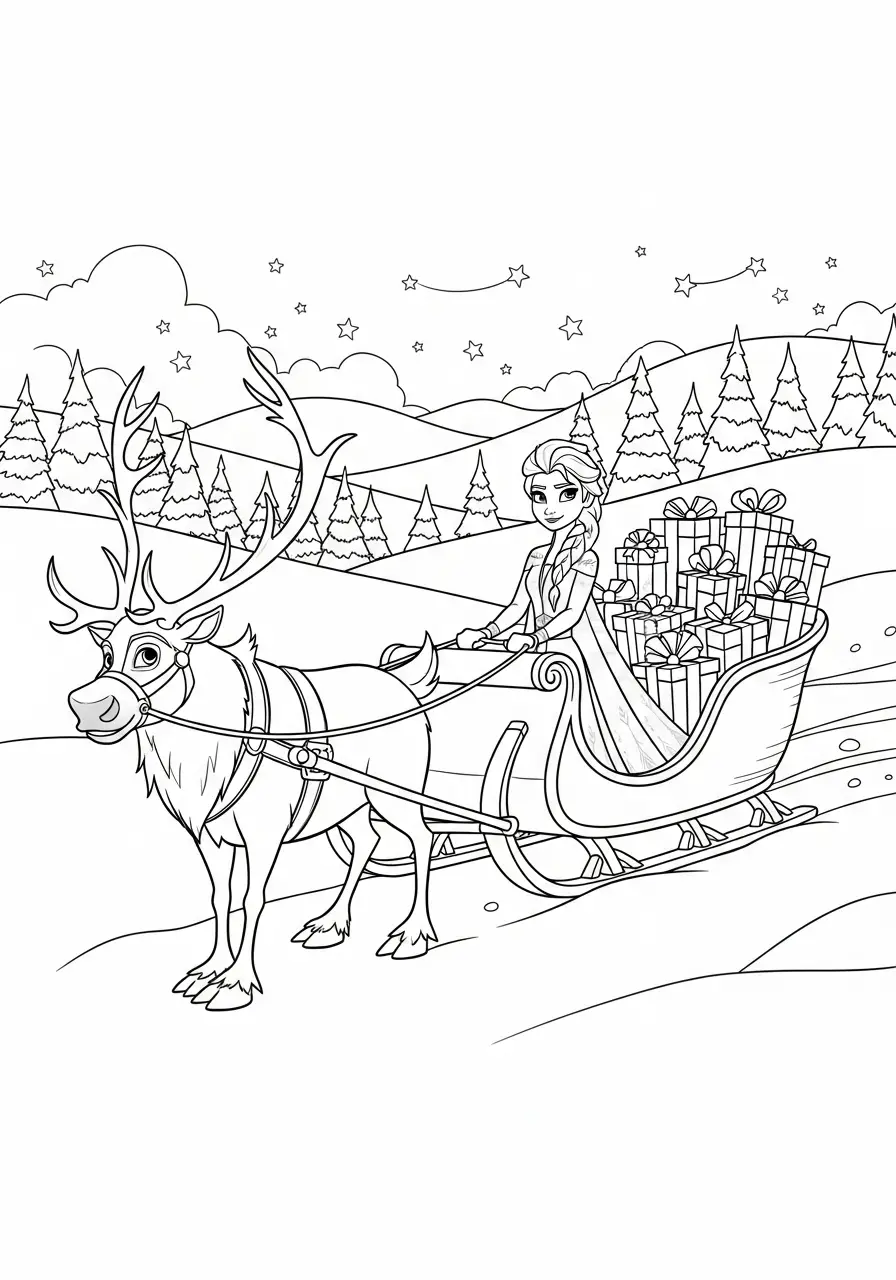 Elsa Kerst Kleurplaat 32 elsa op slee met rendier en pakjes kleurplaat