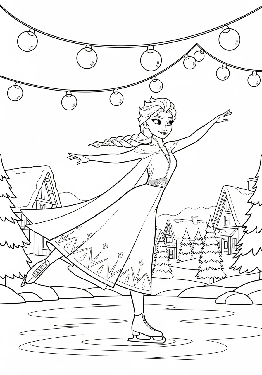 Elsa Kerst Kleurplaat 36 elsa schaatst op het ijs met lichtjes kleurplaat