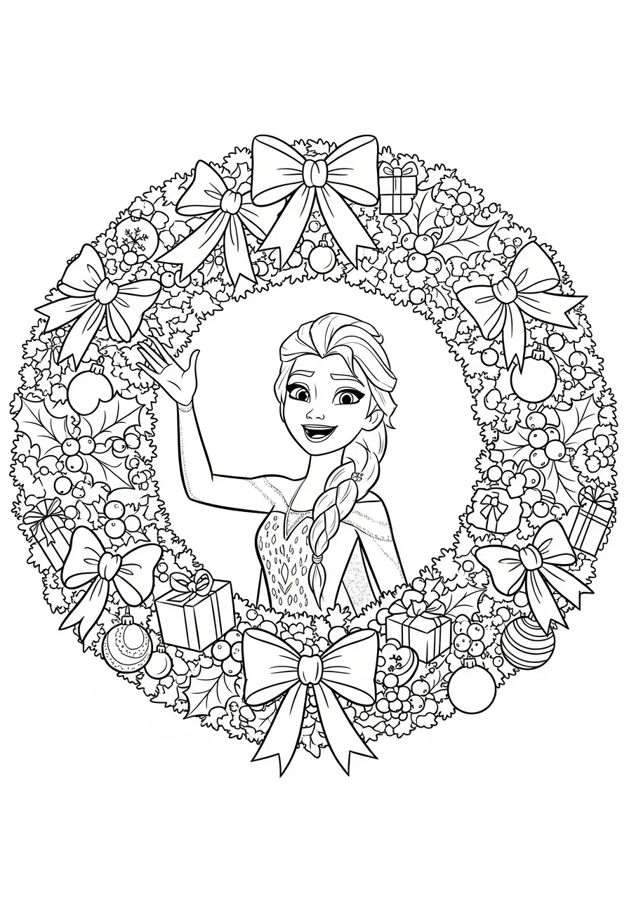 Elsa Kerst Kleurplaat 42 elsa zwaait vanuit kerstkrans kleurplaat