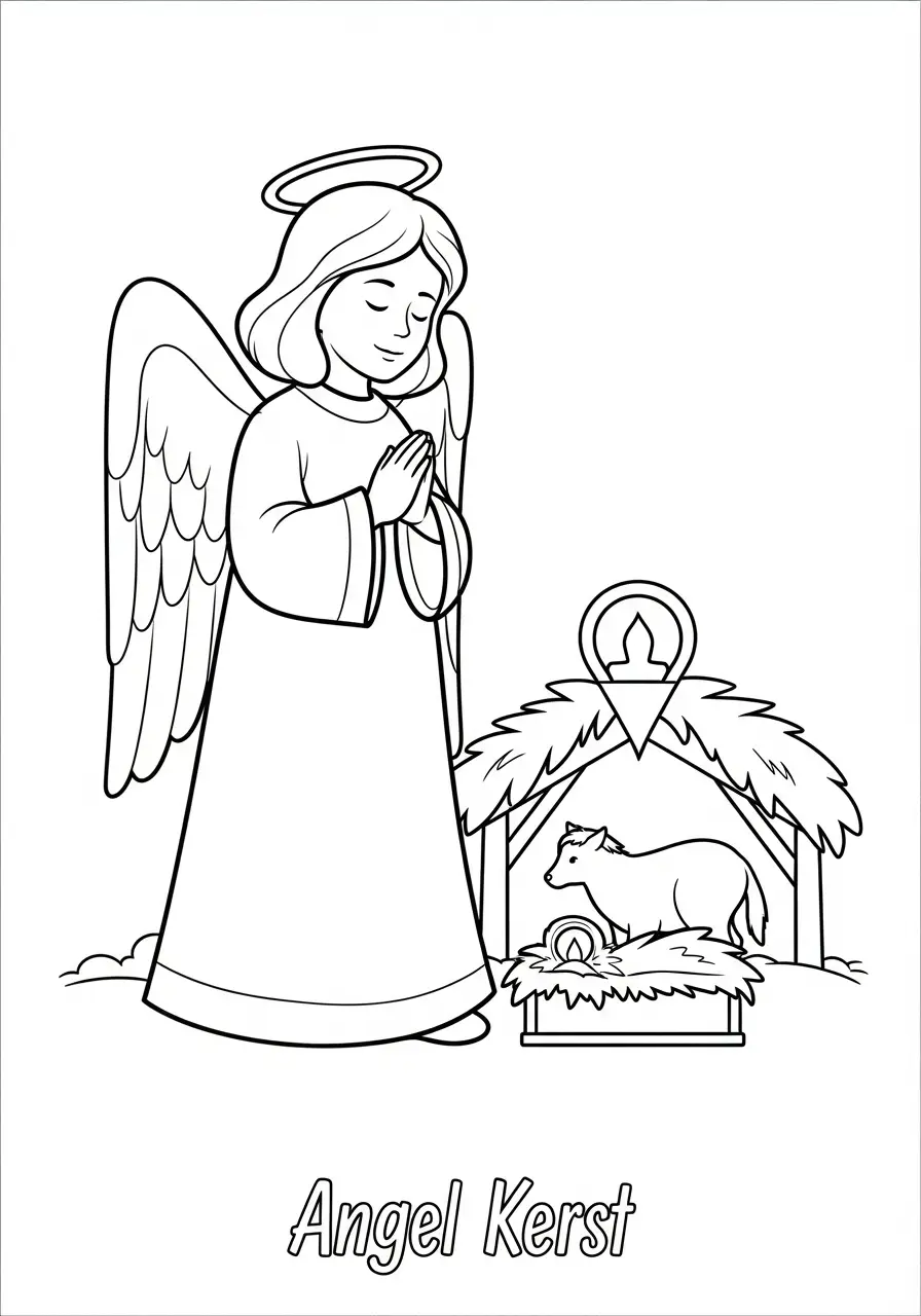 engel bidt bij kerststal kleurplaat