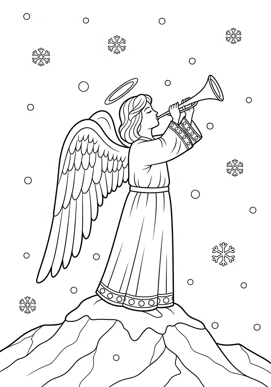 engel blaast op bazuin op berg kleurplaat