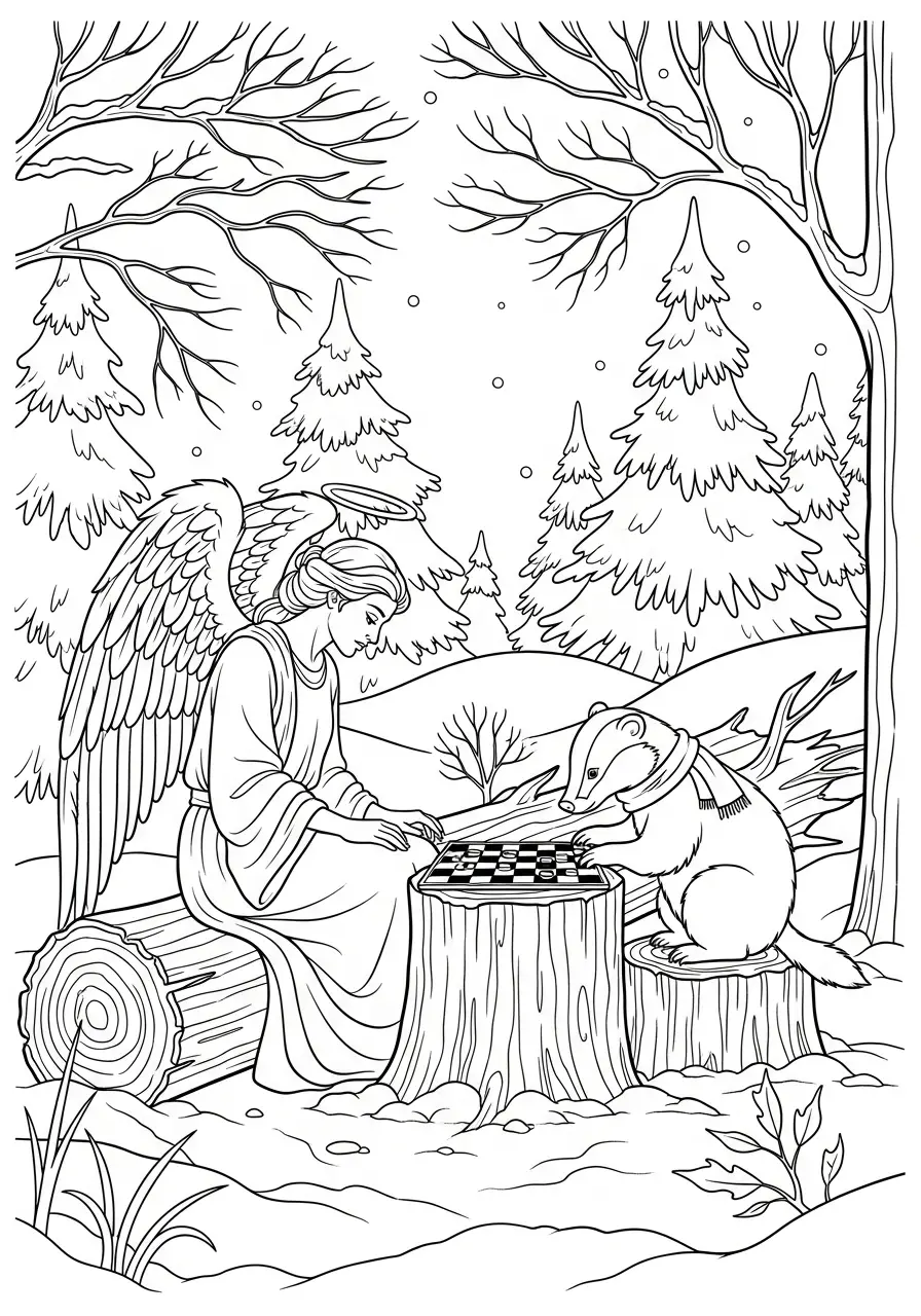 engel damt met das in winterbos kleurplaat