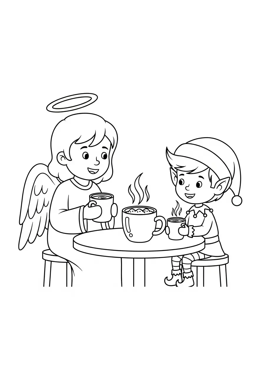 engel en elf drinken warme chocolademelk kleurplaat