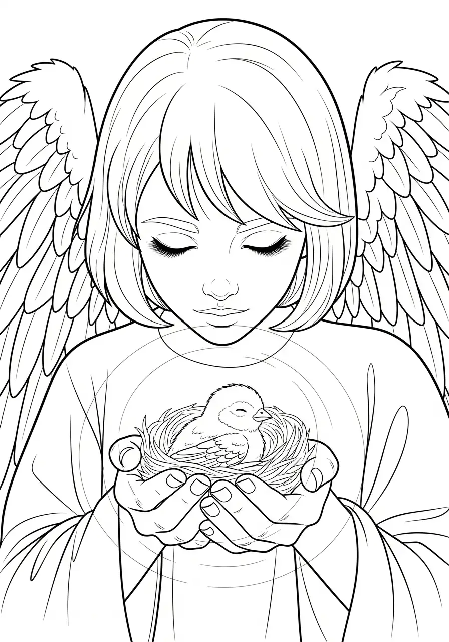 engel houdt vogeltje in nestje vast kleurplaat
