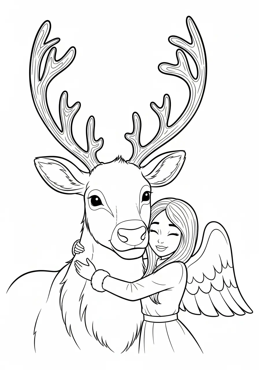 engel knuffelt rendier kleurplaat
